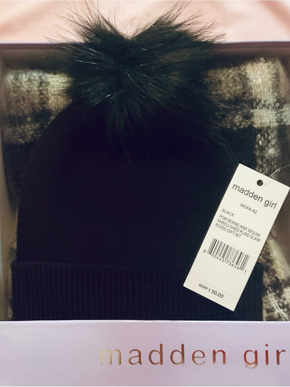Madden Girl Black Pom Pom Beanie with Plaid Accent Scarf
